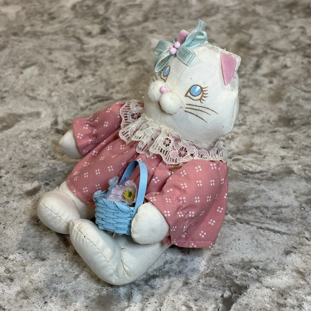 Rare Vintage Enesco 1980s Mini Plush Kitten White Cat Easter Dress Basket Decor